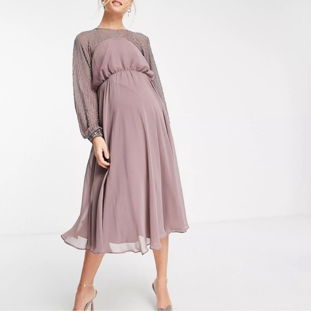 NWT maternity midi dress with embellishment in mauve